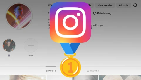 Screenshot of Instagram profile interface with logo and gold medal icon graphic overlay.