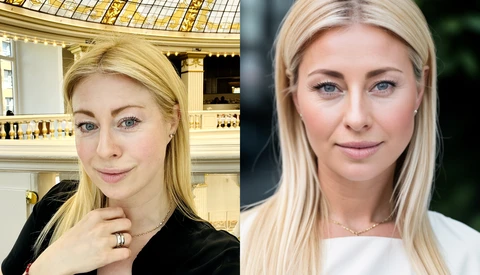 Side-by-side portrait comparison showing two blonde women with different lighting and background settings.