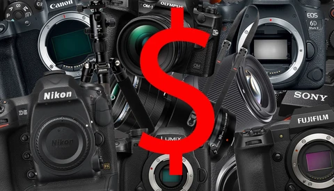 Graphic illustration comparing camera systems from Nikon, Canon, Olympus, Sony, and Fujifilm with a large red dollar sign overlay.