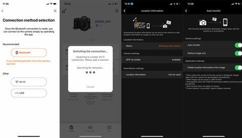 Screenshot showing camera app connection setup screens with Bluetooth pairing options and location settings.