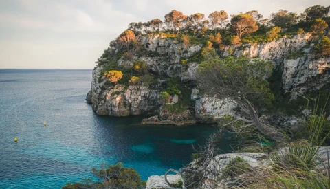 Limestone cliff with turquoise cove and Mediterranean vegetation overlooking calm blue sea.