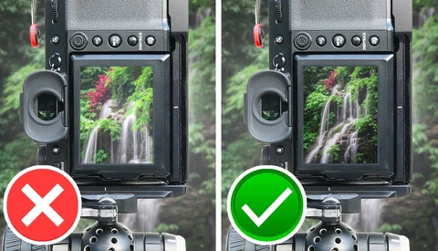 Comparison showing incorrect and correct composition framing of a waterfall landscape on a camera's LCD screen.