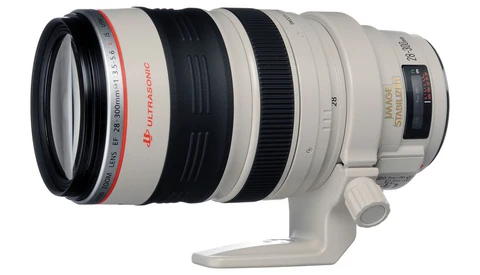 White telephoto lens with black and silver barrel sections mounted on a tripod collar.
