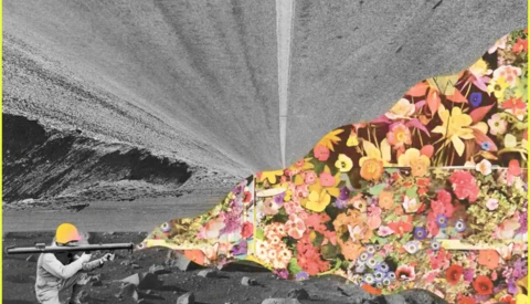 Composite image blending a black and white construction scene with vibrant floral overlay.