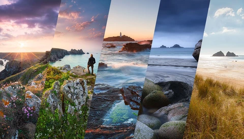 Composite of five coastal landscape photographs featuring sunrise and sunset lighting over rocky shores and beaches.