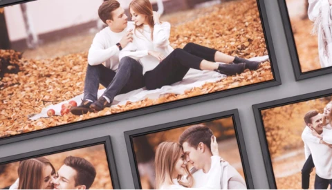 Multiple framed portrait photographs displaying couples in intimate poses outdoors on brown gravel.
