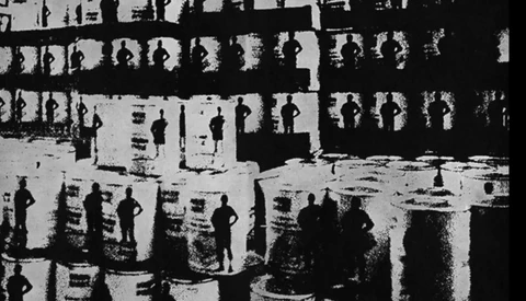 High-contrast black and white image showing silhouetted figures distributed across multiple levels of an urban structure.