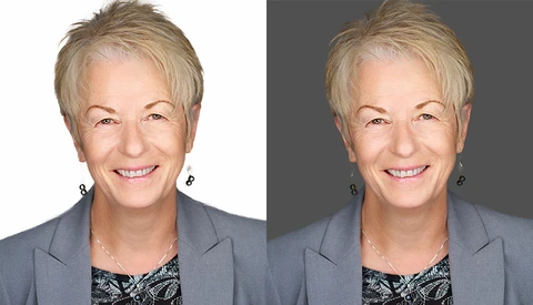 Professional headshot comparison showing same woman against white and gray backgrounds.
