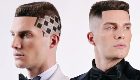 Two men with styled haircuts and formal wear shown in profile and three-quarter view.
