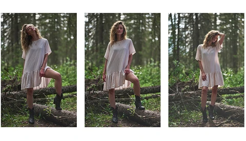 Woman in white dress posing on fallen log in forest, shown in three sequential poses.