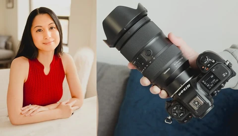 Portrait of woman in red sleeveless top alongside close-up of professional camera with telephoto lens and lens hood.