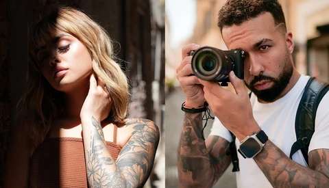 Split-frame comparison of portrait and photographer with camera during outdoor shoot.