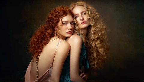 Two women with long curled hair posed closely together against a dark background.