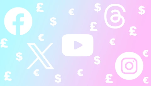 Graphic illustration of social media and payment platform icons with currency symbols on gradient background.
