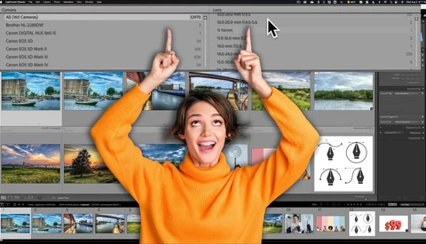 Screenshot of photo editing software with a woman in an orange sweater posing in front of multiple landscape photographs displayed on screen.