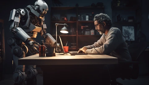 Older man with glasses sitting at desk across from a humanoid robot in warm studio lighting.