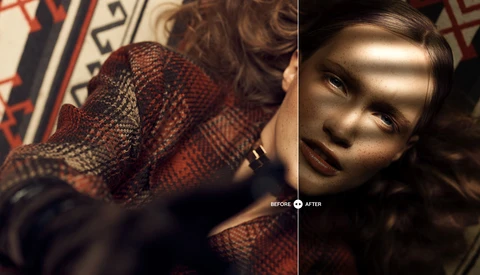 Before and after comparison of portrait retouching showing enhanced skin texture and dramatic side lighting.