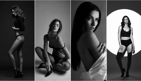 Four black and white portrait studies showcasing different poses and lighting techniques in studio photography.