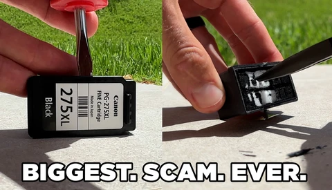 Ink cartridge labeled 27XL being held and demonstrated, with the cartridge's clip mechanism visible in close-up detail.