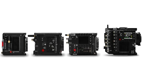 Four professional cinema cameras displayed in profile view from left to right.