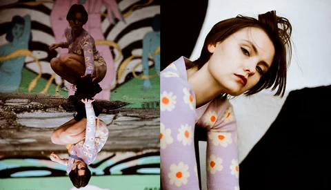 Diptych comparison showing figure in patterned clothing with reflection effect and portrait with geometric overlay.