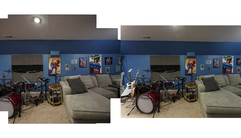 Side-by-side comparison of a home studio with drum kit and couch, showing different camera angles or lighting setups.