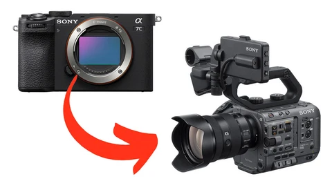 Sony Alpha 7C mirrorless camera body next to Sony FX30 cinema camera with lens attached.