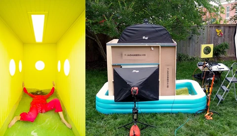 Split-screen comparison of a bright yellow enclosed space with a person in red clothing and a beige camping trailer setup in a backyard with a blue inflatable pool.
