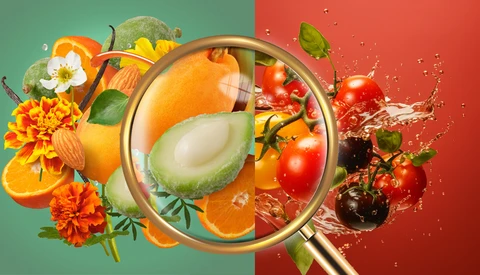 Magnifying glass examining fresh produce and vegetables against split green and red backgrounds.