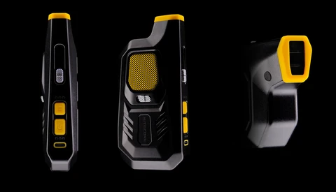 Three handheld thermal imaging cameras shown from front and side angles against a black background.