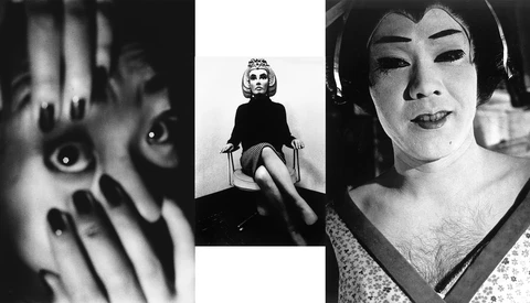 Black and white portrait collage featuring dramatic close-ups and posed studio shots with expressive facial expressions.