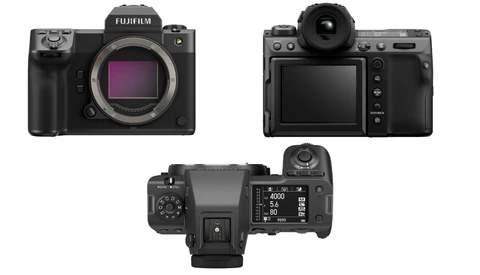 Three views of a Fujifilm GFX medium format mirrorless camera showing front, back, and top angles.