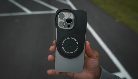 Hand holding iPhone 14 Pro with magnetic ring attachment and camera lens protector visible.