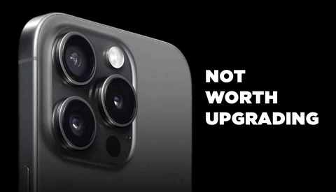 Smartphone camera module with triple lens setup against black background.