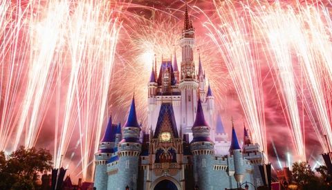 Fireworks burst above a fairy tale castle with multiple spires and turrets illuminated at night.