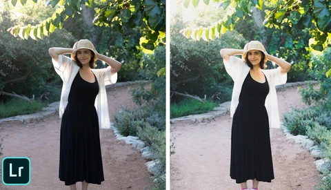 Before and after comparison of a woman in a garden wearing a black dress and straw hat, showing editing adjustments.