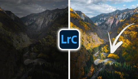 Before-and-after comparison of mountain landscape editing in Lightroom, showing darker left side versus brighter, color-enhanced right side.