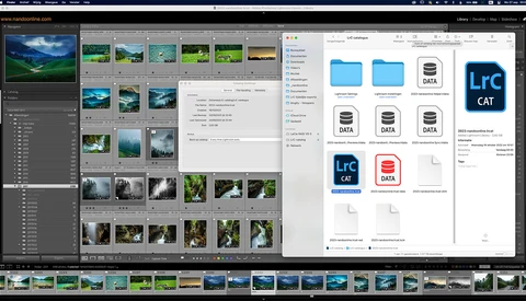 Screenshot of photo editing software showing landscape image library with folder organization panel and file management window.