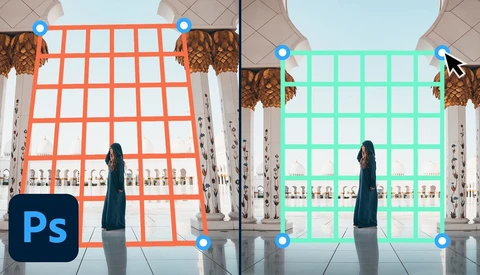 Screenshot showing Photoshop's grid selection tool overlaid on two side-by-side images of a woman in a modern interior space.