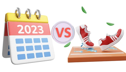 Illustration comparing 2023 calendar versus red sneakers with a versus symbol.