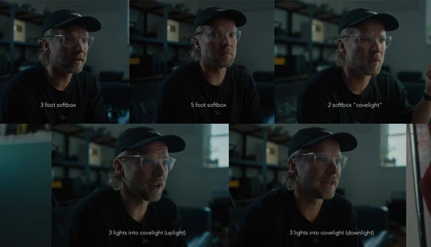 Screenshot showing five lighting setups compared on a man's face with different softbox and overhead configurations.
