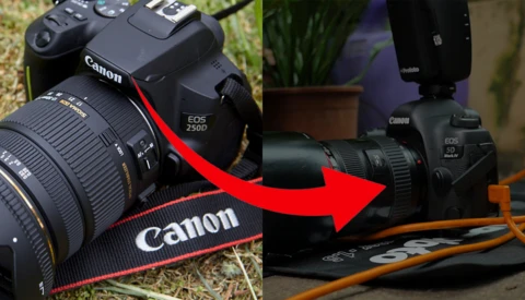 Canon EOS camera bodies shown before and after, with red arrow indicating an upgrade or comparison between models.