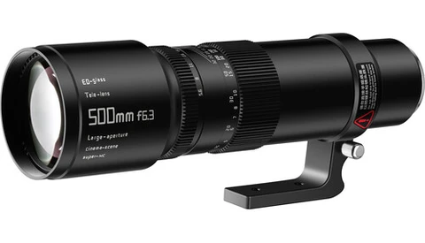Black telephoto lens with 500mm focal length and f/6.3 aperture rating mounted on tripod collar.