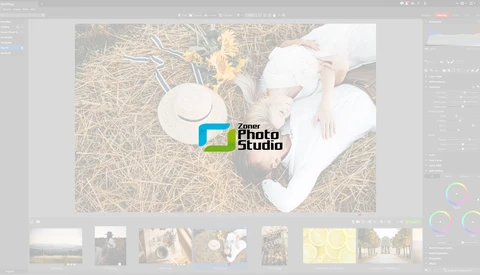 Screenshot of photo editing software with Zener Photo Studio logo overlaid on a landscape image.