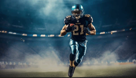 Football player wearing number 21 running with the ball across a stadium field.
