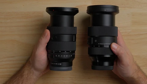 Two camera lenses held side-by-side in hands, showing barrel and focus ring details.