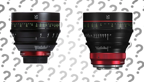 Two 50mm cinema lenses with red mounts and focus rings, shown side by side against a question mark pattern background.