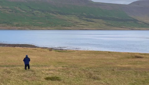 Solitary figure in dark jacket standing on grassy plain facing calm bay with green mountains beyond.
