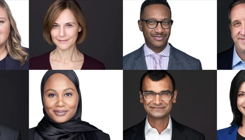 Grid of twelve professional headshots showing diverse individuals in business attire against neutral backgrounds.