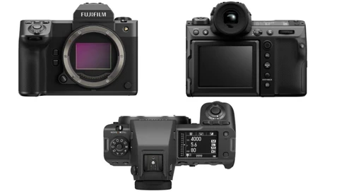 Three views of a Fujifilm GFX mirrorless camera showing front, rear, and top angles.